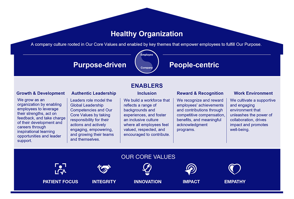 Healthy Organization A company culture rooted in Our Core Values and enabled by key themes that empower employees to fulfil Our Purpose. Purpose-driven People-centric - OUR CORE VALUES - PATIENT FOCUS, INTEGRITY, INNOVATION, IMPACT, EMPATHY